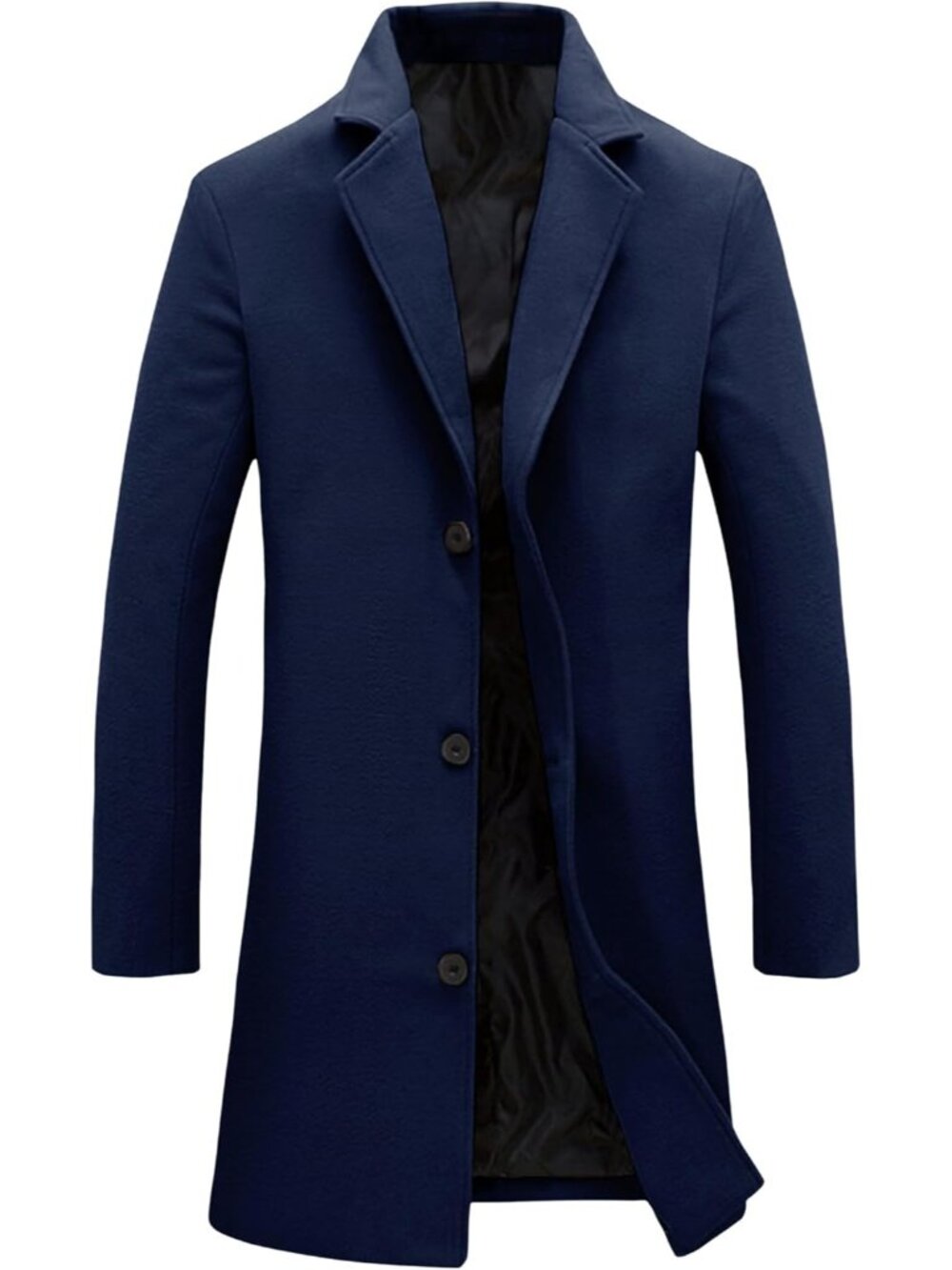 Men's Navy Single Breasted Long Overcoat Slant Pocket Button Closure Trench Coat